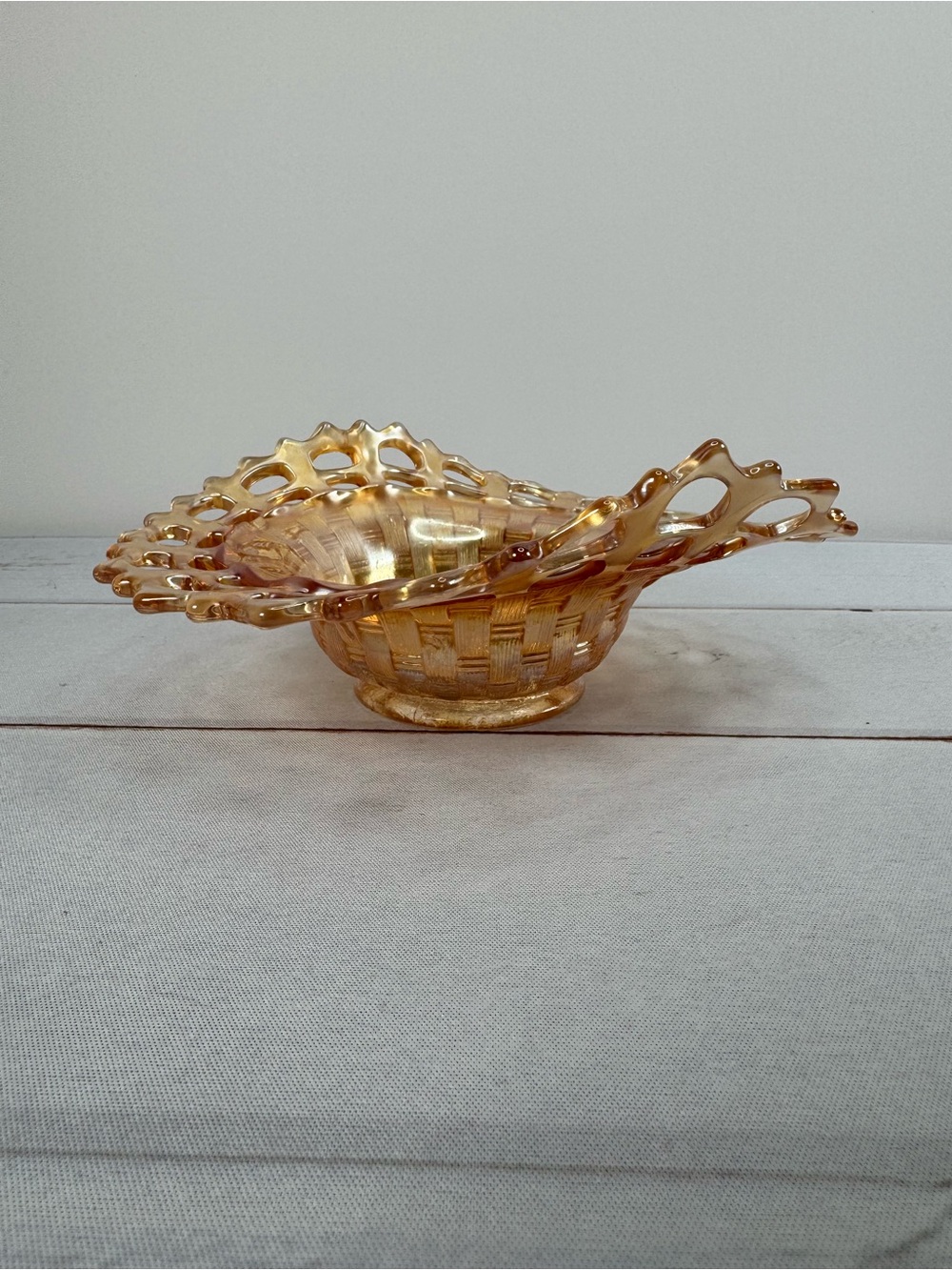 Vintage Fenton Marigold Carnival Glass Pinecones Open Edge Basketweave Bowl